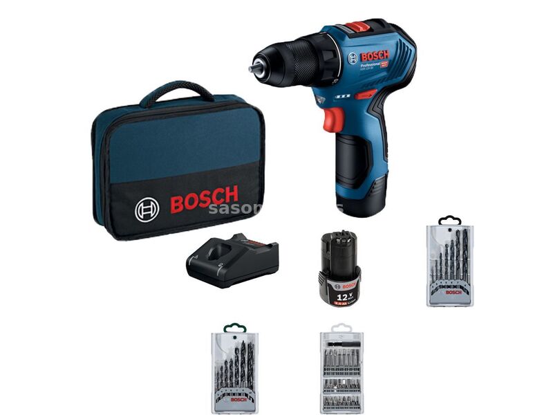 BOSCH Aku bušilica-odvrtač GSR 12V-30 u torbi sa 2 x 2/0 Ah Li-ion + 39-delni set pribora