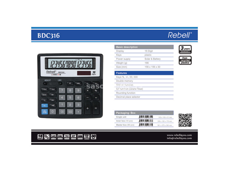 Kalkulator komercijalni 16mesta Rebell RE-BDC316 BX crni