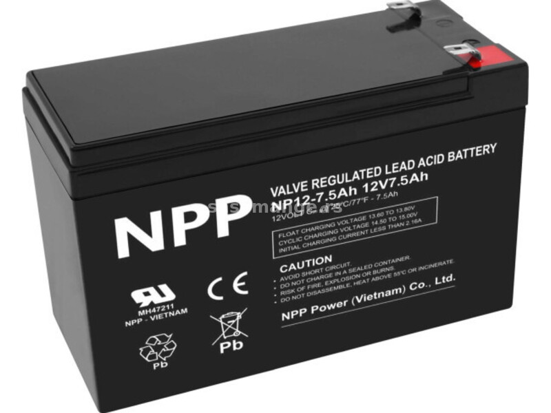 NPP NP12V-7.5Ah, AGM BATTERY, C20=7.5AH, T1, 151x65x94x100, 2,07KG, BLACK