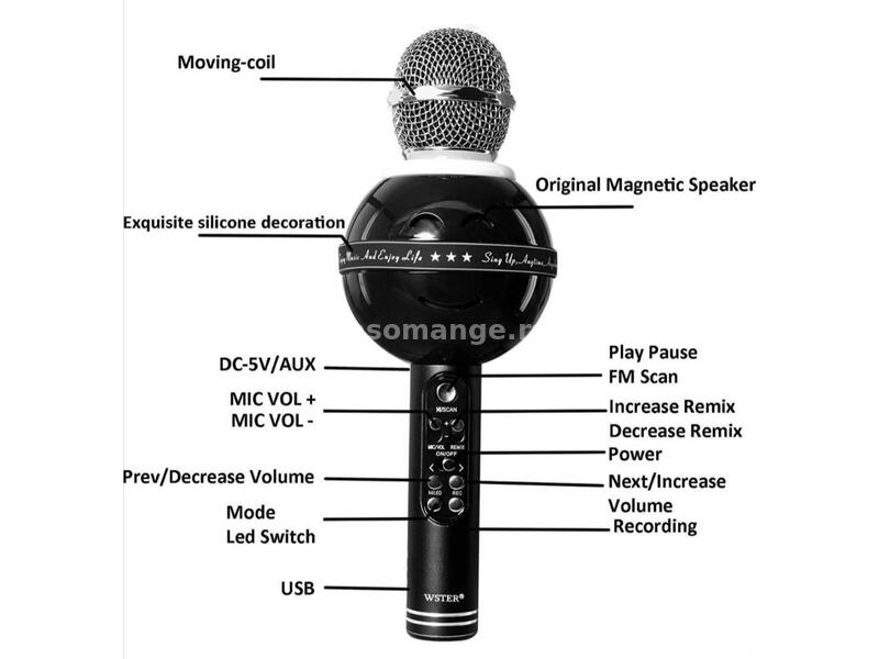 Bluetooth karaoke mikrofon sa LED svetlom Ws878 crni