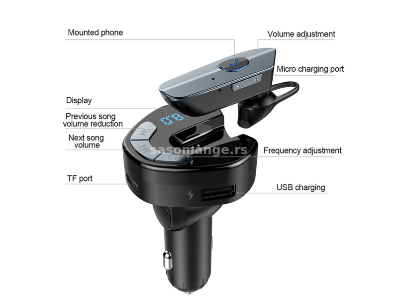 FM transmiter V8 USB TF Bluetooth 5.0 12-24V handsfree crni