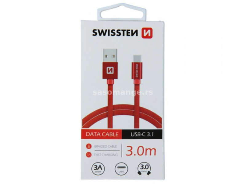 SWISSTEN Data kabl tekstil USB na TIP C 3m crveni