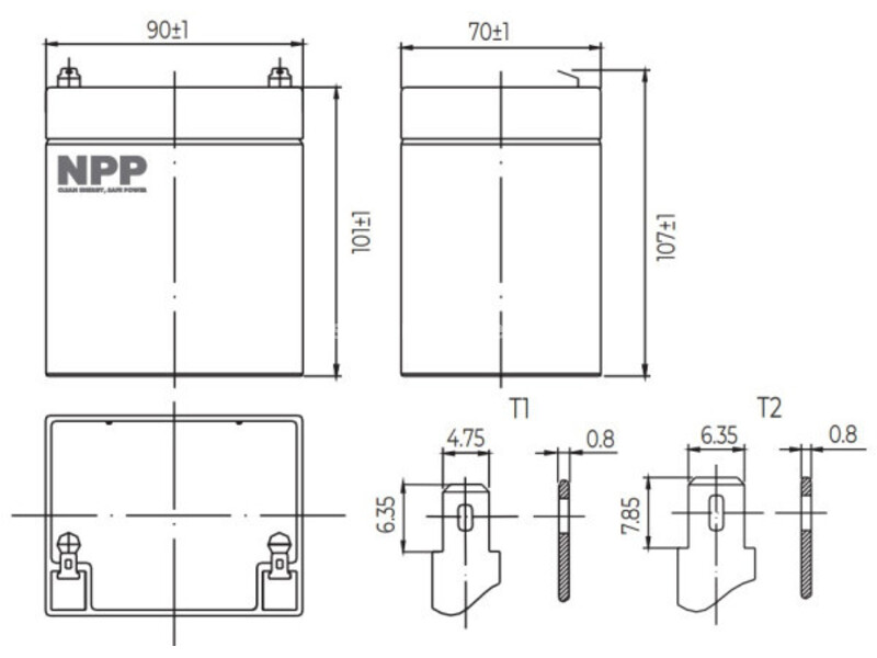 NPP NP12V-4.5Ah, AGM BATTERY, C20=4.5AH, T1, 90x70x101x107, 1,5KG, BLACK