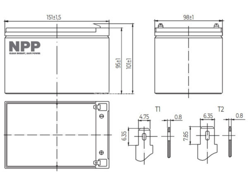 NPP NP12V-12Ah, AGM BATTERY, C20=12AH, T2, 151x98x95x100, 3,3KG, BLACK