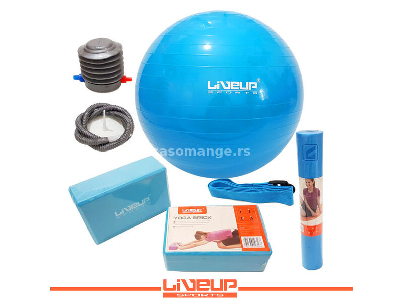 LiveUp Joga set plavi (prostirka + 2 joga bloka + lopta + kaiš + pumpa) - LS3243