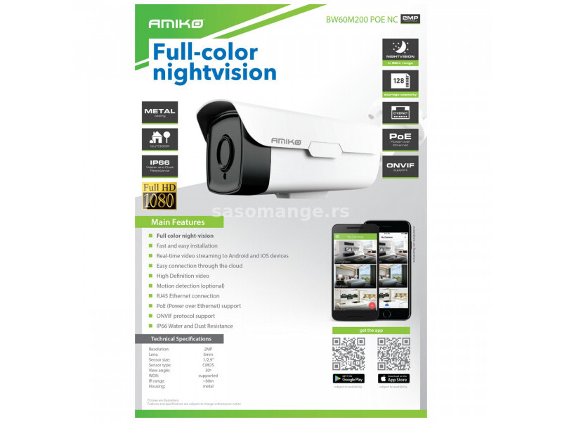 Amiko Home Kamera IP, 2MP, Color Night, SD ulaz, 6mm, IP66 - BW60M200 POE NC