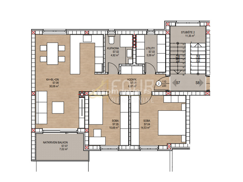 Viškovo, novogradnja, 72.48m2, 2s+db, balkon