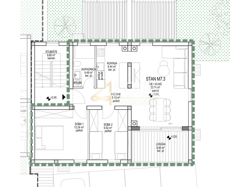 Cres, novogradnja 500m od mora, 86.09m2, 2s+db, lođa