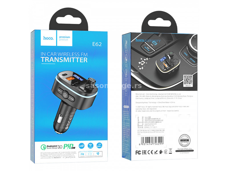 hoco. FM transmiter, brzi punjač za auto, BT v5.0, 3 x USB - E62 Fast