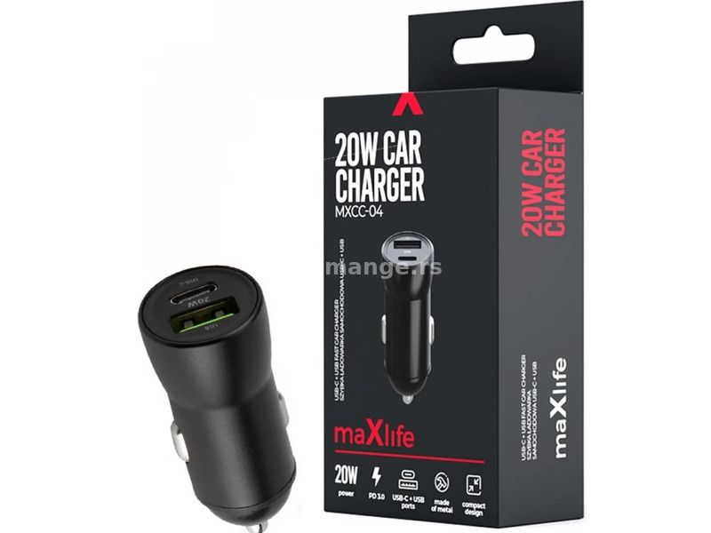 Maxlife MXCC-04 Car charger USB - USB-C 20W black