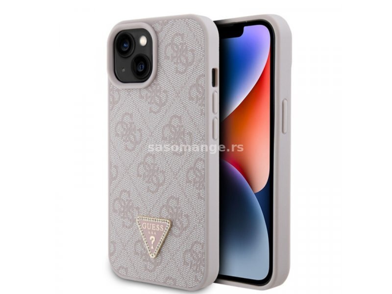 Guess Maska za iPhone 15 LEATHER 4G TRIANGLE STRASS PINK