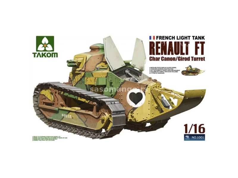 TAKOM 1/16 Renault FT francia easy tank Char cannon and Girod tower military vehicle model