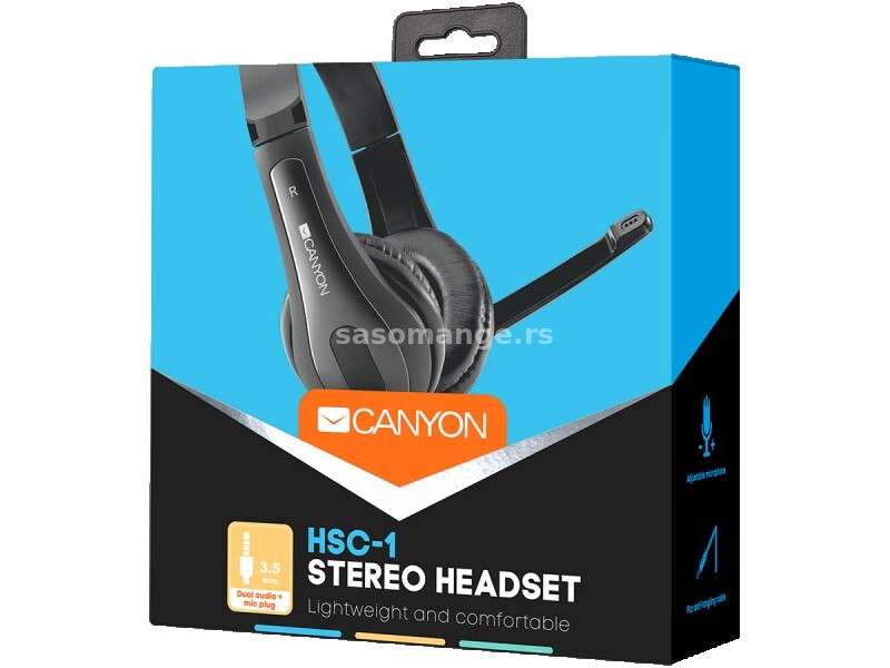 CANYON HSC-1 basic PC headset with microphone, combined 3.5mm plug, leather pads, Flat cable leng...