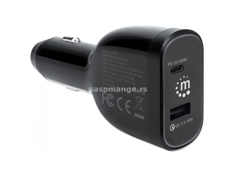 MANHATTAN Car charger 1xUSB 1xUSB-C 78W black