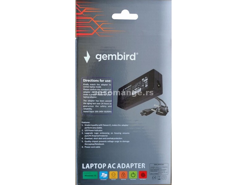 NPA90-195-4620 (DE10) **Gembird punjac za laptop 90W-19.5V-4.62A, 7.4x5.0mm black PIN (1065)