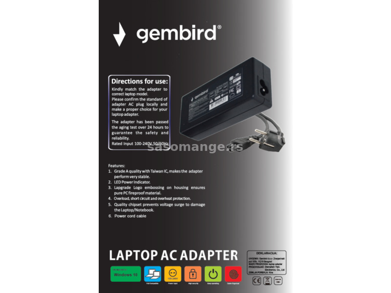 NPA90-190-4740 (AC09) ** Gembird punjac za laptop 90W-19V-4.74A, 5.5x1.7mm yellow (940)