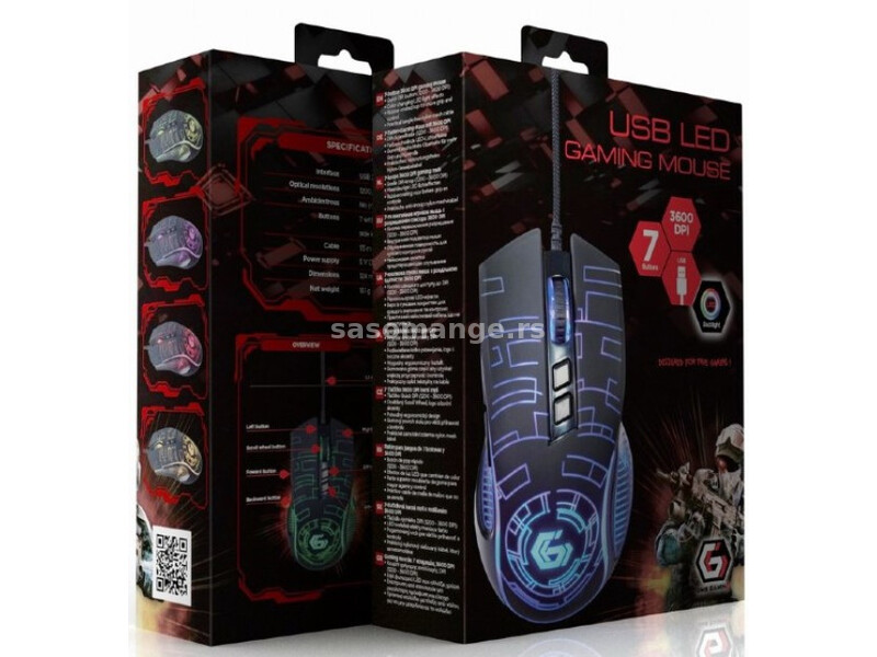 MUSG-RGB-01 Gembird USB LED gaming mis, 1200-3600DPI 7-button 124mm