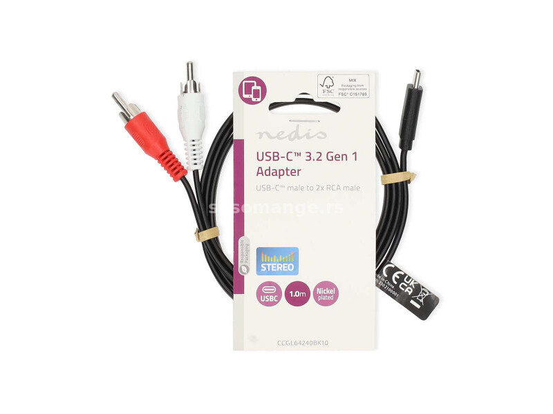 CCGL64240BK10 Nedis kabl USB-C na 2x RCA muski, 1m