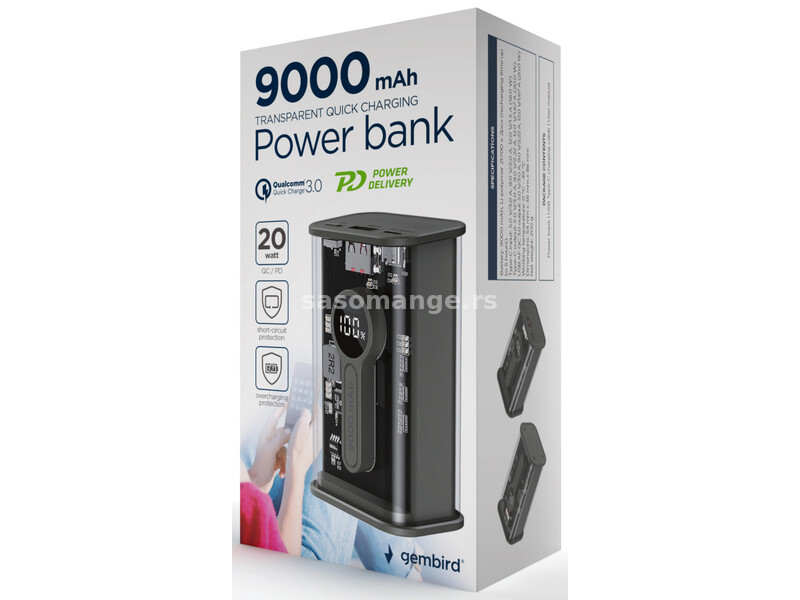PB09-TQC3-01 Gembird power bank 9000 mAh, crni