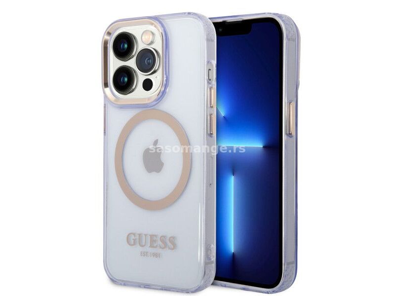 LICENSED GUESS GUESS Futrola za iPhone 14 Pro GOLD OUTLINE TRANSLUCENT PURPLE MagSafe