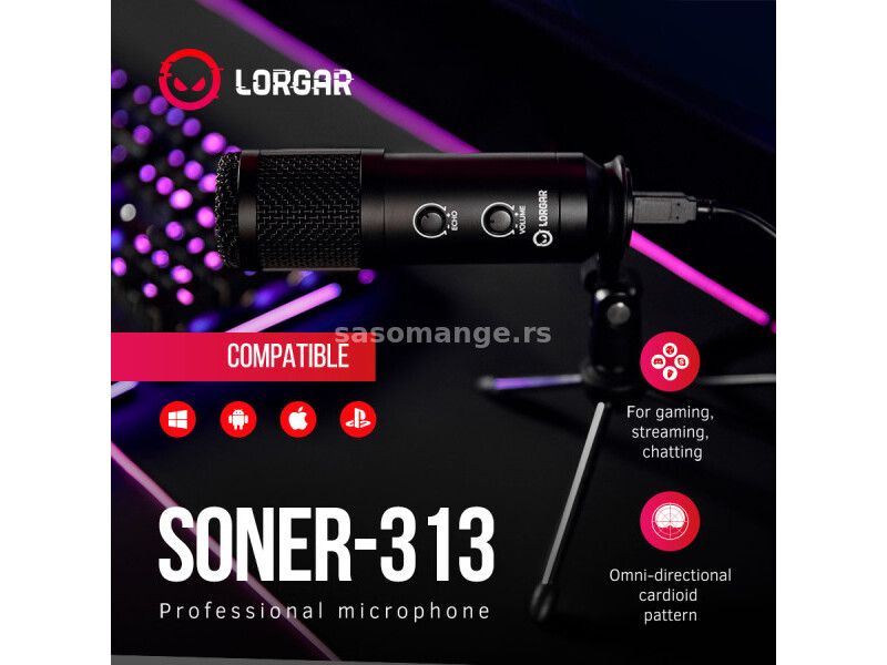 LORGAR Gaming Microphones, Black, USB condenser microphone with Volume Knob &amp; Echo Kob, including...