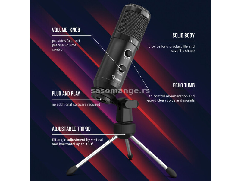 LORGAR Gaming Microphones, Black, USB condenser microphone with Volume Knob &amp; Echo Kob, including...