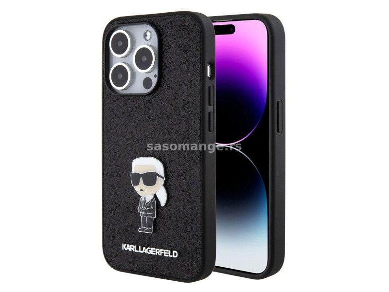 LICENSED KARL LAGERFELD maska za iPhone 15 Pro IKONIK FIXED GLITTER IKONIK LOGO METAL PIN/ crna