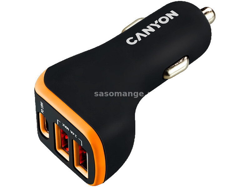 CANYON Universal 3xUSB car adapter, Input 12V-24V, Output DC USB-A 5V2.4A(Max) + Type-C PD 18W, w...