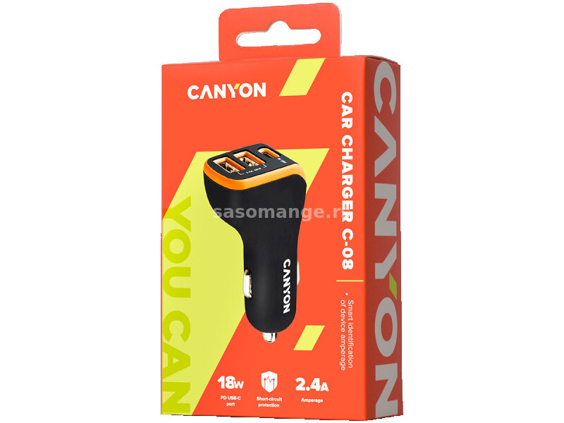 CANYON Universal 3xUSB car adapter, Input 12V-24V, Output DC USB-A 5V2.4A(Max) + Type-C PD 18W, w...