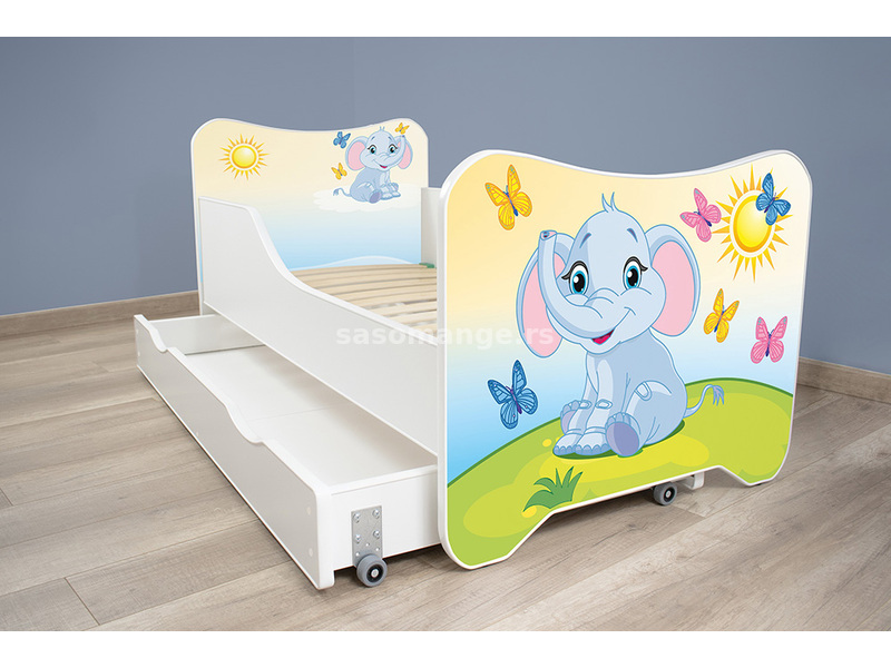Dečiji krevet sa dušekom, letvicama i fiokom happy kitty Little elephant 160x80 cm