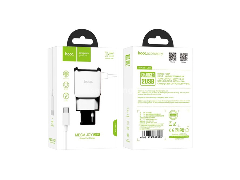 Dual USB punjač Hoco C59A Type C bele boje