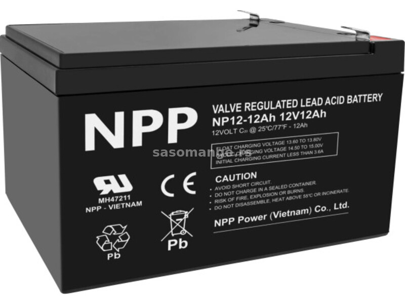 NPP NP12V-12Ah, AGM BATTERY, C20=12AH, T2, 151x98x95x100, 3,3KG, BLACK (NPP NP12/12Ah)