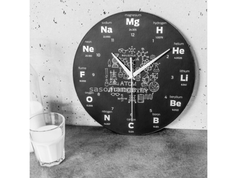 Zidni sat za hemičare na kojem stoje simboli hemijskih elemenata i njihova atomska masa.