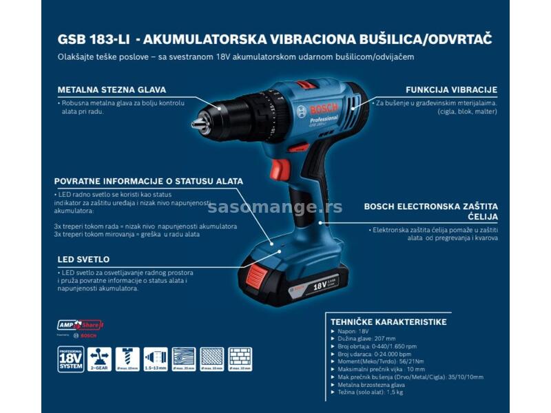 Akumulatorska vibraciona bušilica - odvrtač Bosch GSB 183-Li 18V 1x2.0 Ah u koferu (06019K9101)