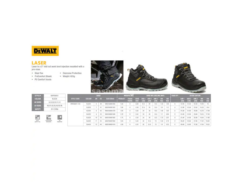 DeWalt DWF50031-122 Laser Duboke zaštitne radne cipele S1-P SRA zaštita od 42 do 46