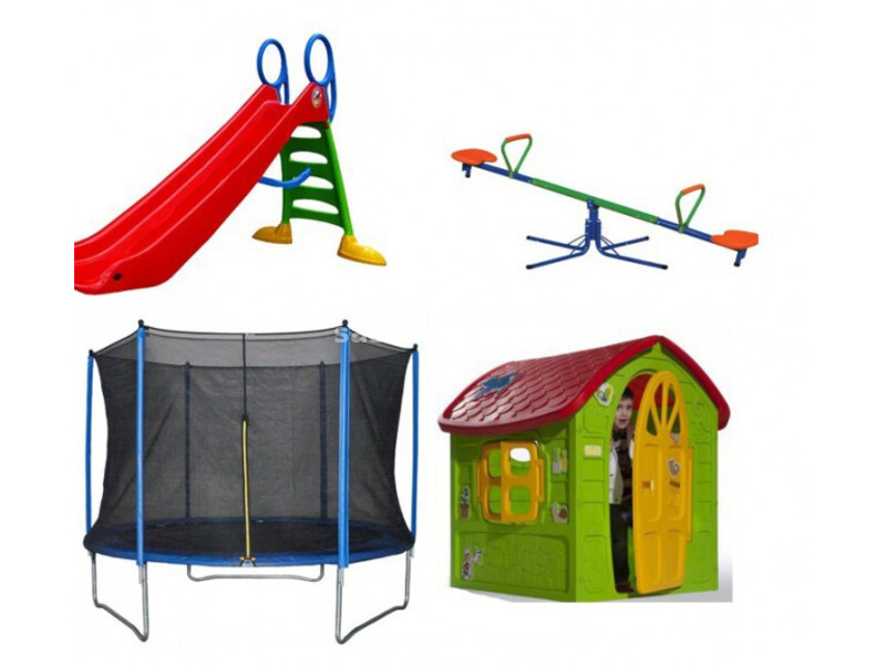 Dečiji komplet za dvorište ( Playground 4 ) Trambolina + Kućica + Tobogan + Klackalica