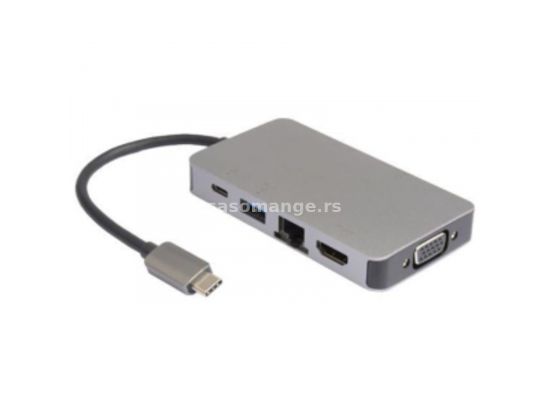 E-Green (OST05596) adapter tip C (muški) na RJ-45/VGA/HDMI/2x USB A/USB tip C (ženski) srebrni
