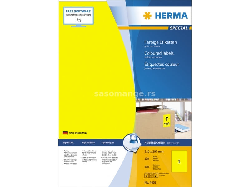 Etikete 210X297 A4/1 1/100 žuta Herma