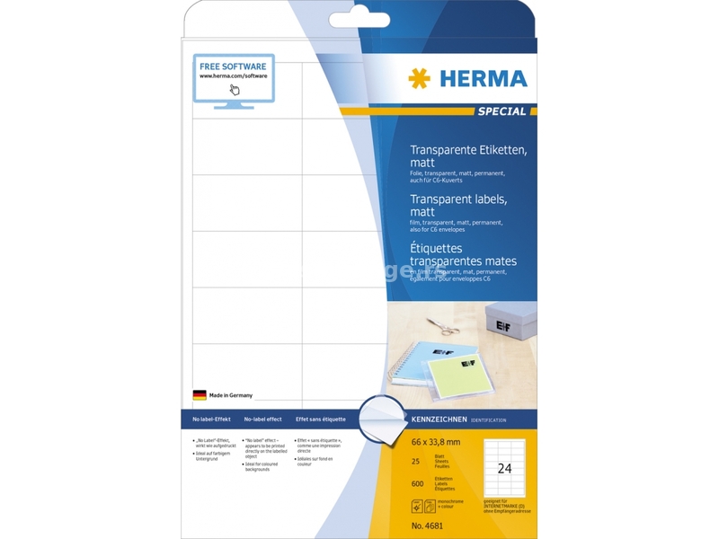 Etikete 66x33,8 A4/24 1/25 transparent Herma