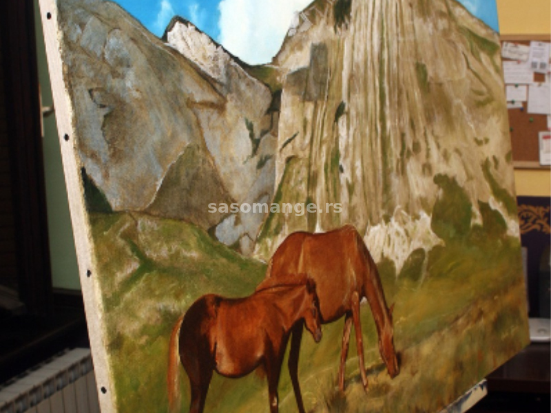 Ulje na Platnu - Divlji Konji 70x90cm - Umetnička Slika - Pejzaž