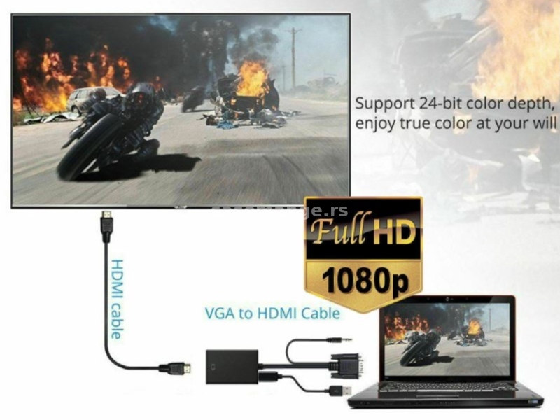 VGA na HDMI konvertor sa audio kablom i kablom za napajanje