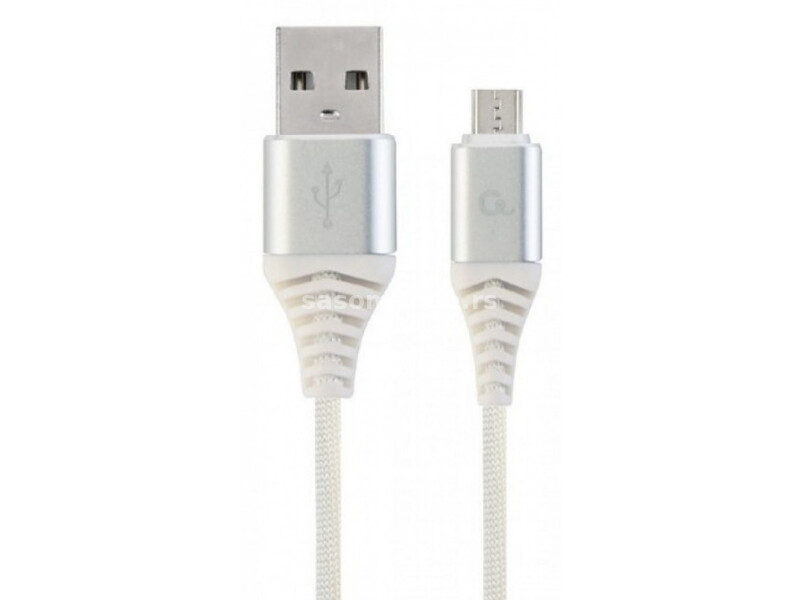 Gembird premium cotton braided micro-USB charging -data cable,2m, silver/white CC-USB2B-AMmBM-2M-BW2