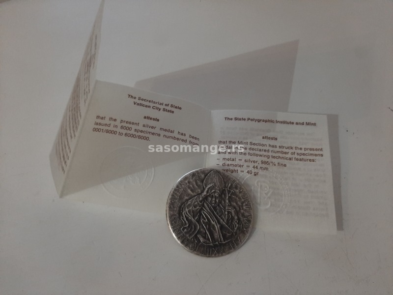 Papa srebrnjak Vatican City Pope Joannes Paulus II ANNO XXIII 2001 silver medal 44mm 40 gr Rim