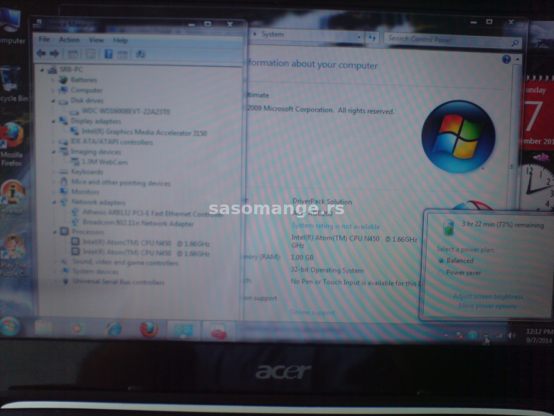 Acer Aspire one D255 Intel Atom N450 1.66 GHz 10.1 inča 1024 X 600 rezolucija 1GB / 160GB
