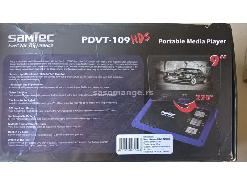 12 Volti 9 inča TV+DivX+DVD player SamTec Baterija 4h Za kola, čamac, vikendicu