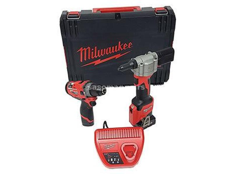 Milwaukee aku set - vibraciona buica-odvijac 12V + aku alat za pop nitne 12V + punjac + 2 bater...