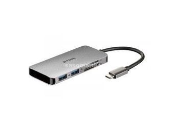 D-Link DUB-M610 6u1 USB-C hub (2xUSB A 3.0/USB-C PD/HDMI/microSD/SD) srebrni