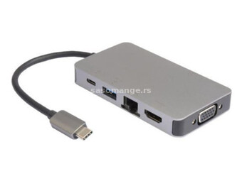E-Green adapter USB 3.1 tip C (M) - HDMI + VGA + 2xUSB 3.0 + RJ45 + tip C (F) beli