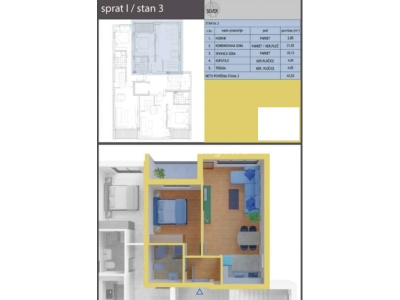 Stan 3, 42,83 m2, Niš- Apelovac