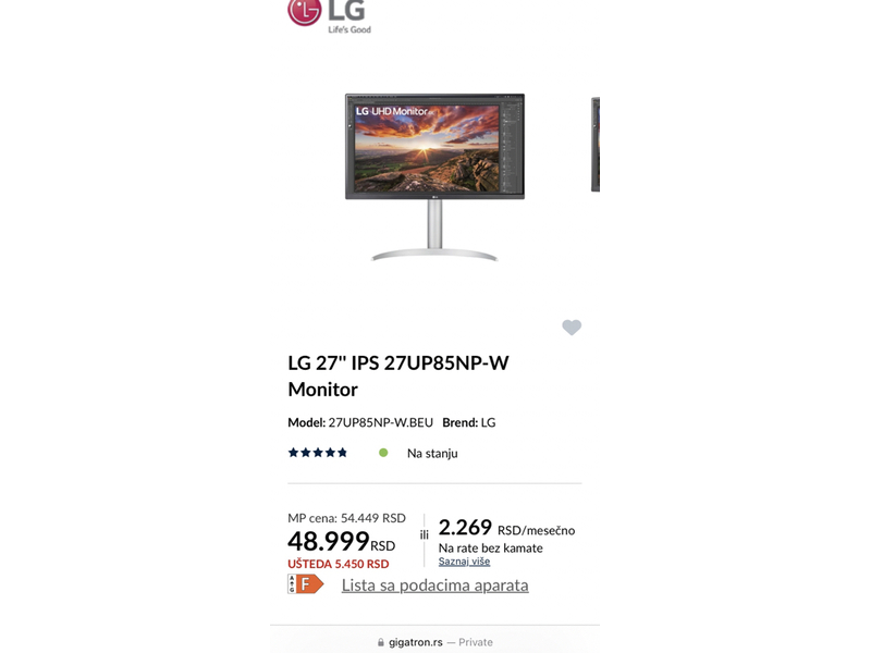 LG monitor 27" IPS 27UP85NP-W